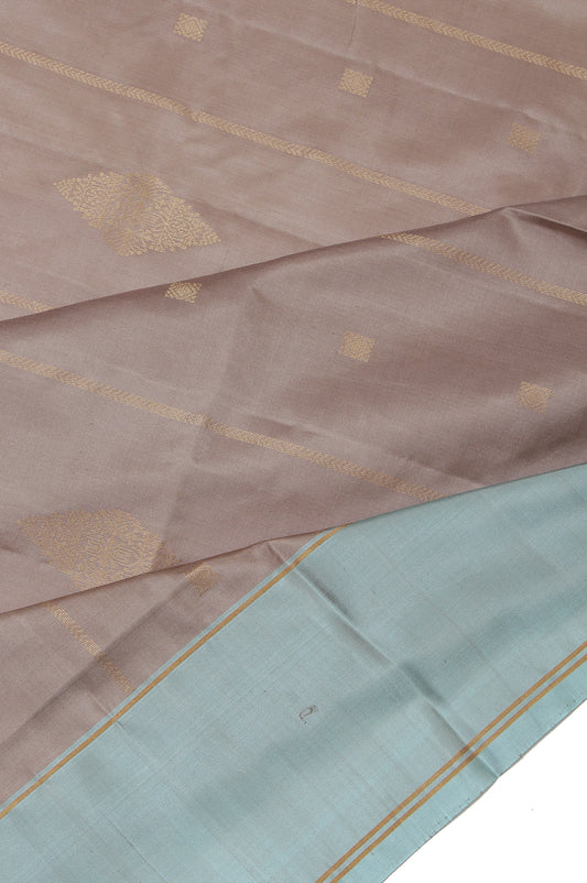 Ash Soft Silk Saree with Sky Blue Border and Gold Zari Buttas