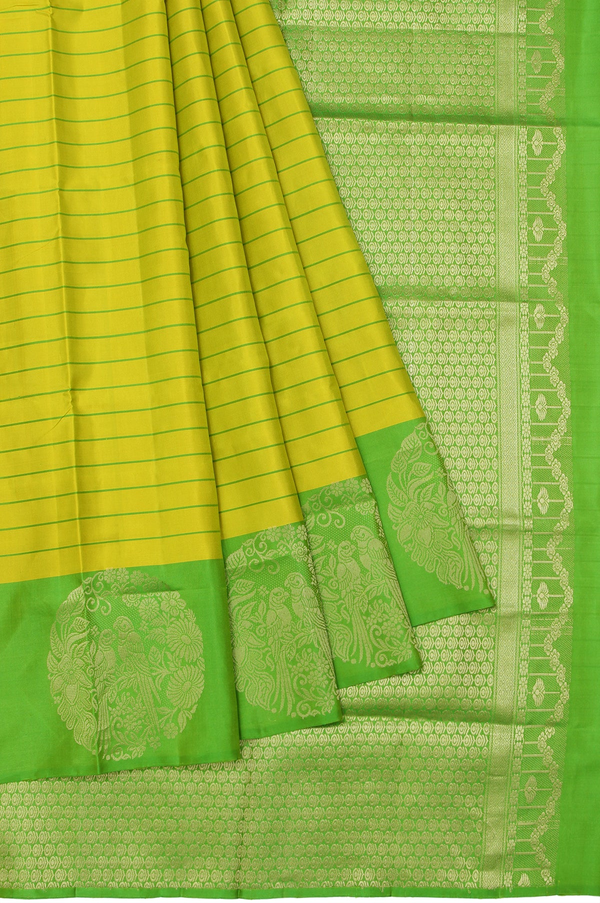 Parrot Green Soft Silk Saree with Green Border and Floral Motifs