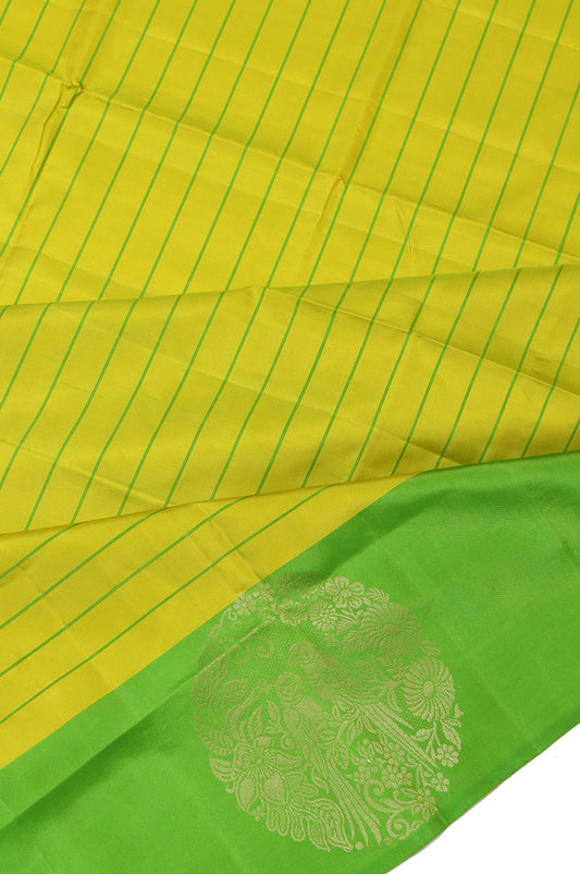 Parrot Green Soft Silk Saree with Green Border and Floral Motifs