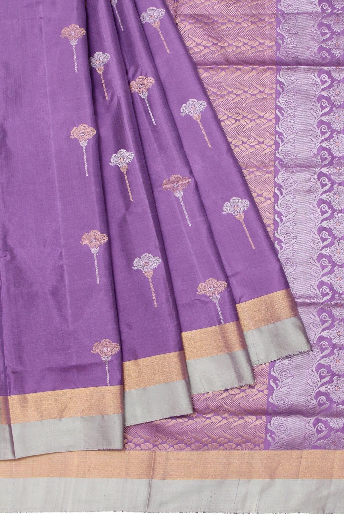 Lavender Soft Silk Saree with Ash Border and Gold & Silver Zari Motifs