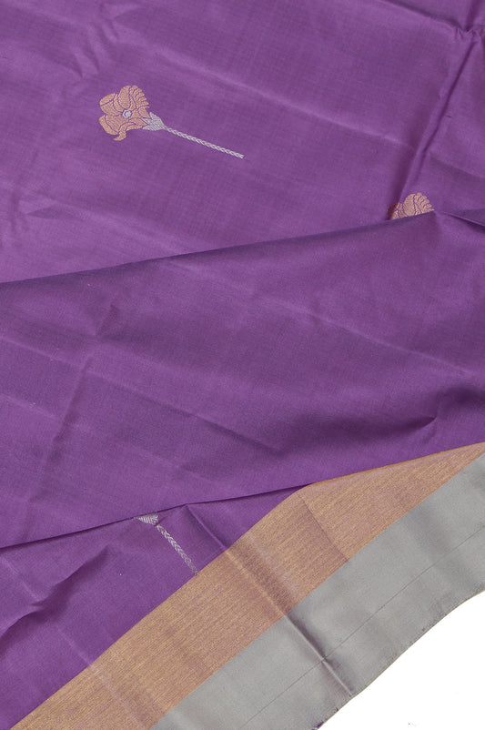 Lavender Soft Silk Saree with Ash Border and Gold & Silver Zari Motifs