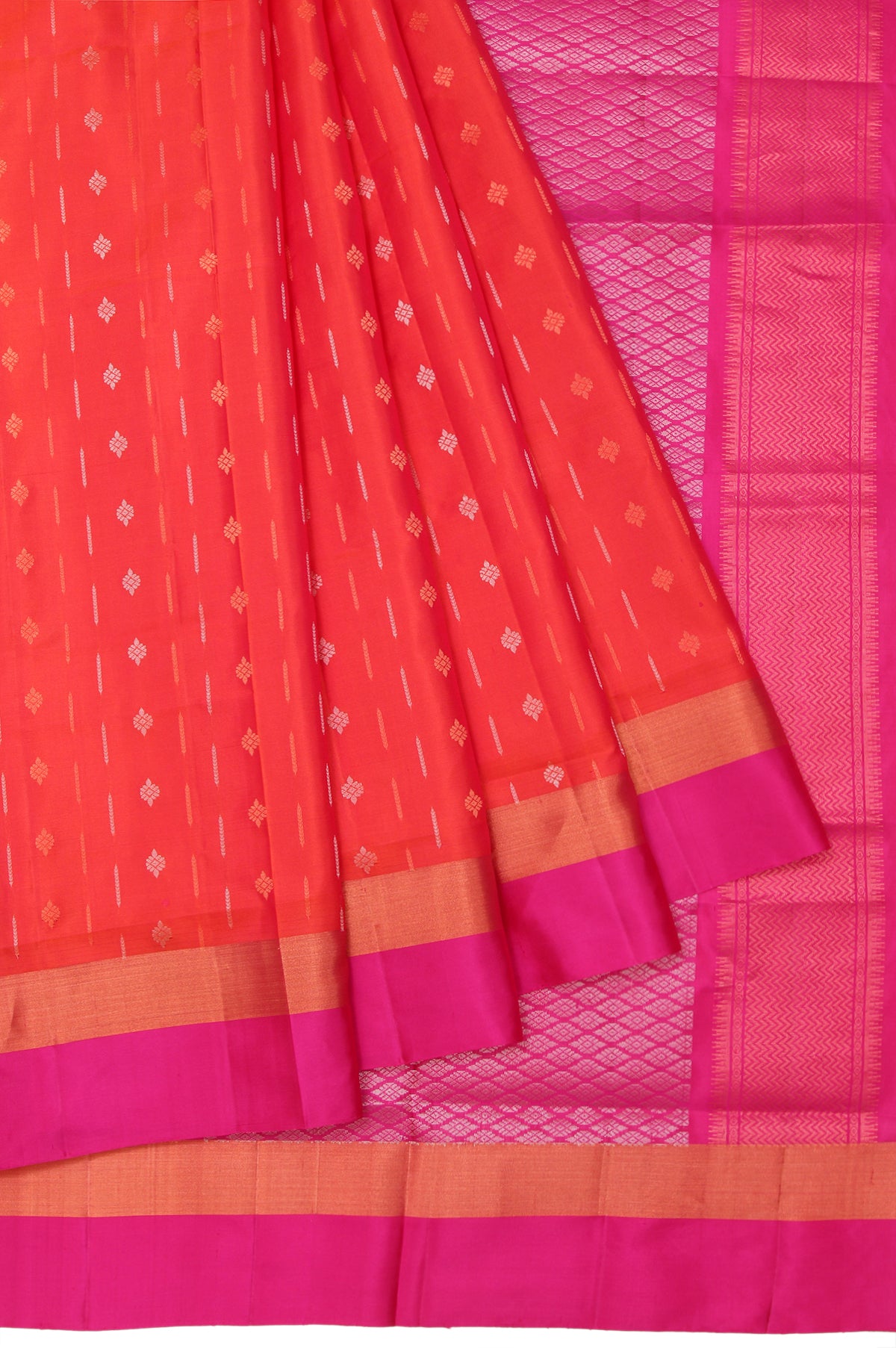 Orange Soft Silk Saree with Pink Border and Gold Zari Kaddi Details