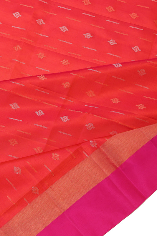 Orange Soft Silk Saree with Pink Border and Gold Zari Kaddi Details