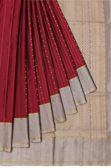 Maroon Soft Silk Saree with Grey Border and Gold Zari Checks