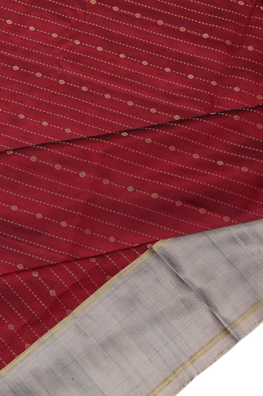 Maroon Soft Silk Saree with Grey Border and Gold Zari Checks