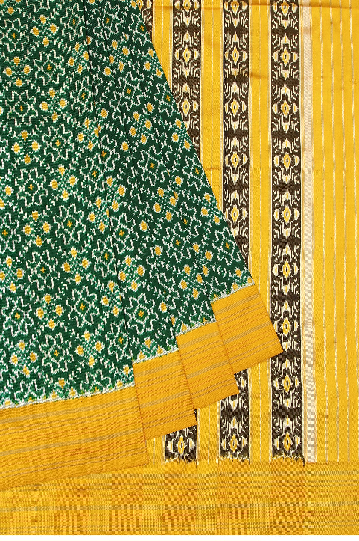 Green Rajkot Patola Silk Saree with Yellow Multi-Color Stripes