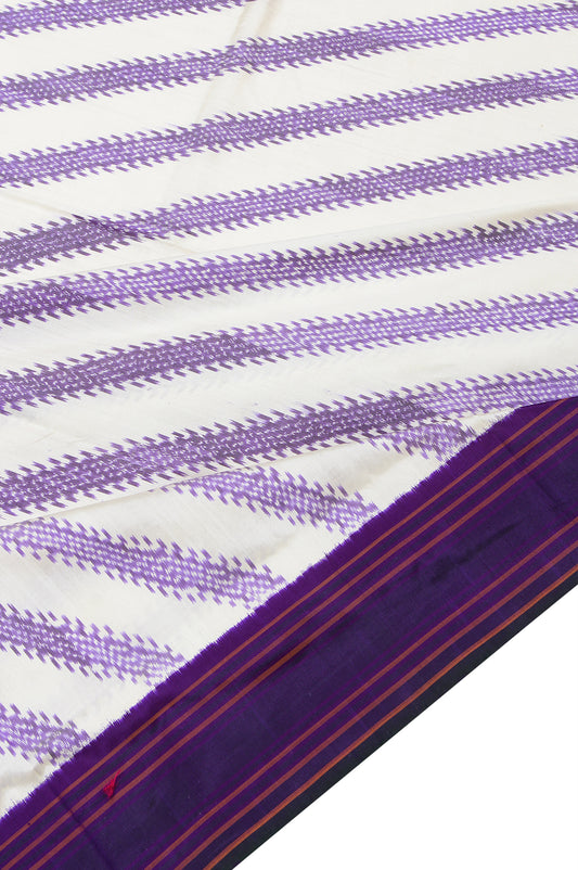 Off White Ikat Silk Saree with Peacock Green and Violet Stripes