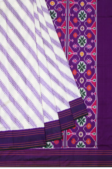 Off White Ikat Silk Saree with Peacock Green and Violet Stripes