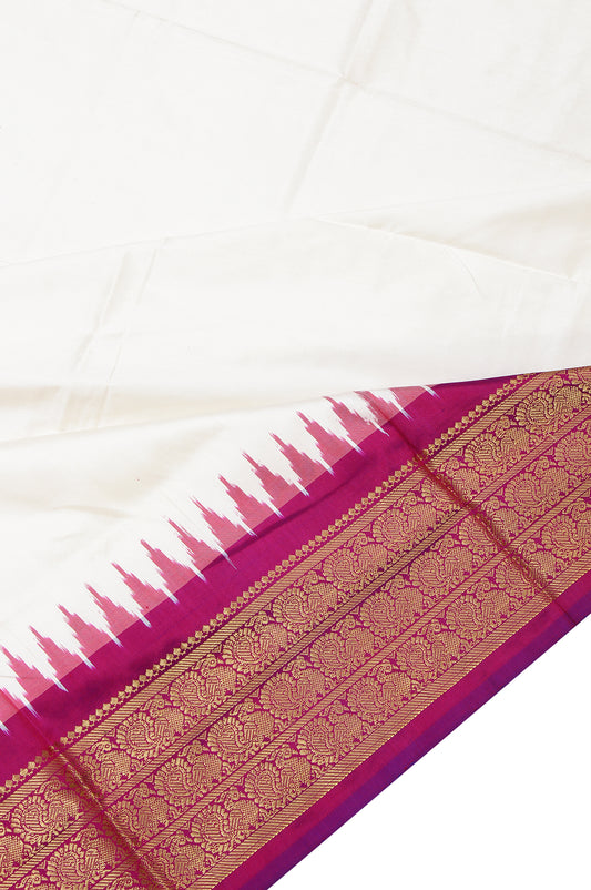 Off White Ikat Silk Saree with Temple Design