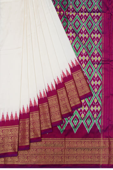 Off White Ikat Silk Saree with Temple Design