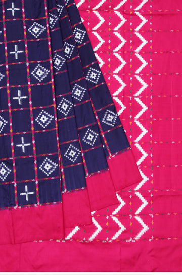 Navy Blue Ikat Silk Saree with Pink Checks