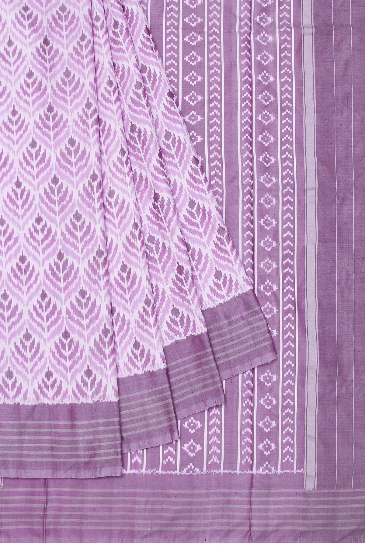 Off White Rajkot Patola Silk Saree with Lavender Multi-Color Stripes and Leaf Motifs