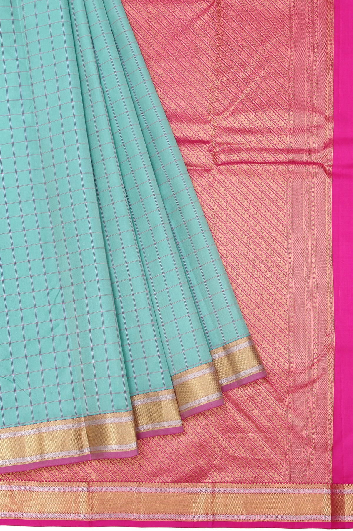 Sea Green Soft Silk Saree with Pink Gold Creeper