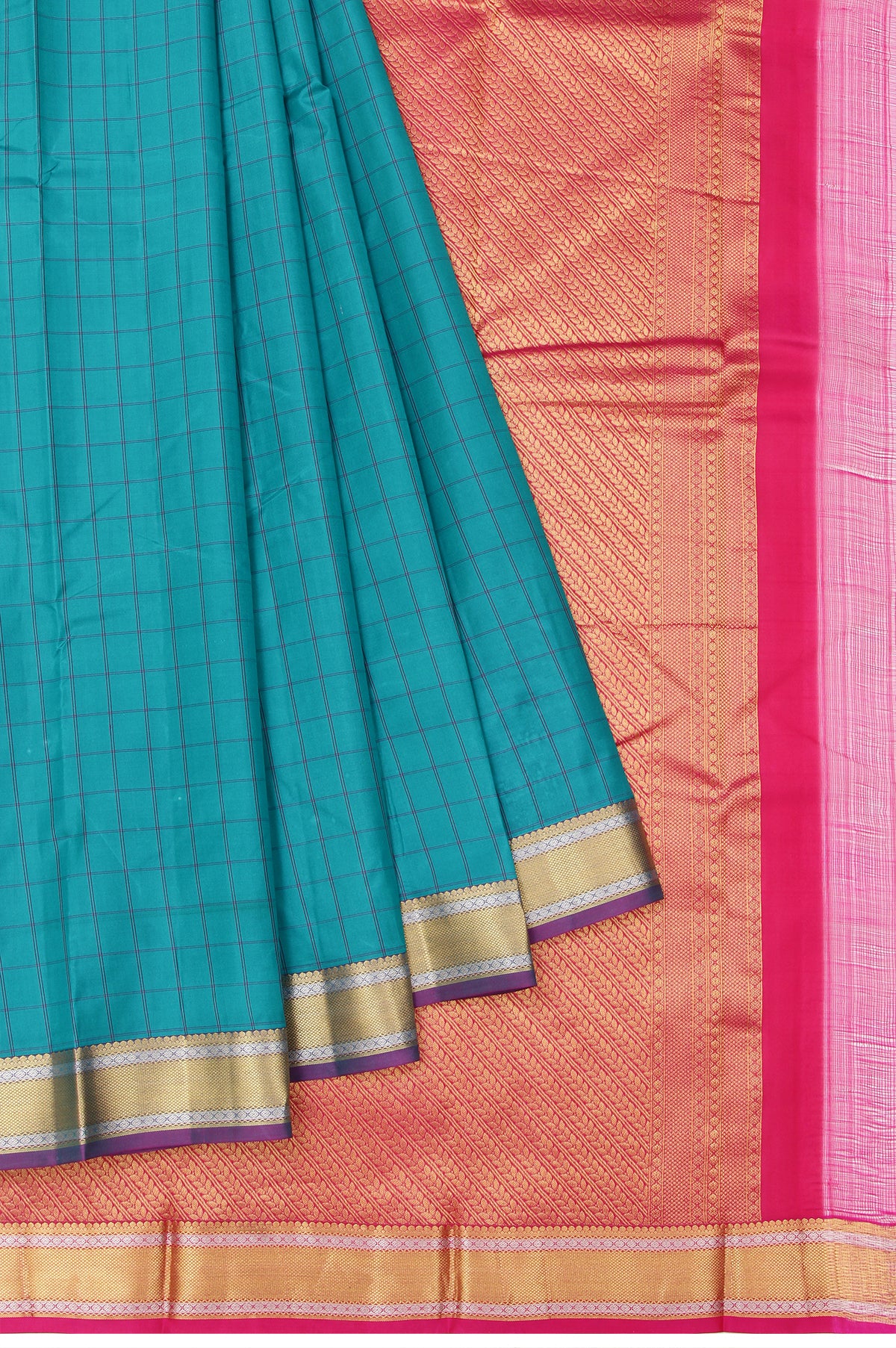 Sea Green Soft Silk Saree with Pink Gold Zari Stripes and Rudraksha Creeper