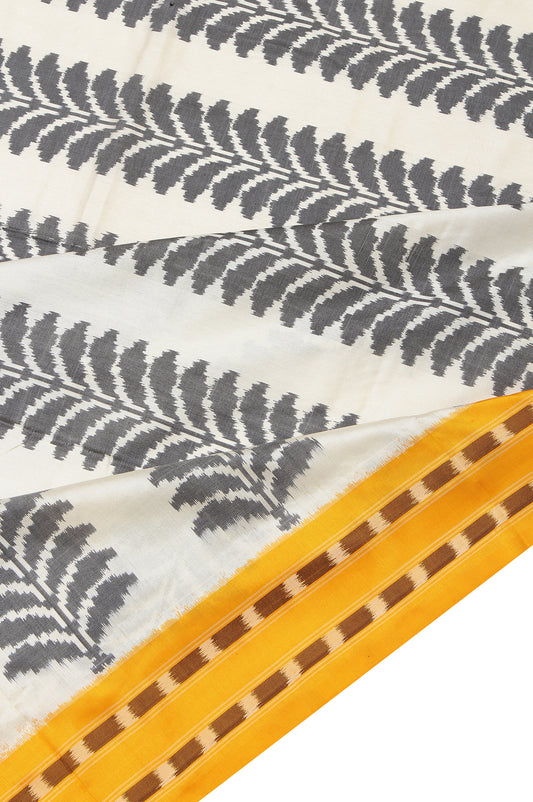 Cream Ikat Silk Saree with Yellow Border and Leaf Motifs