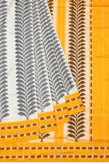 Cream Ikat Silk Saree with Yellow Border and Leaf Motifs