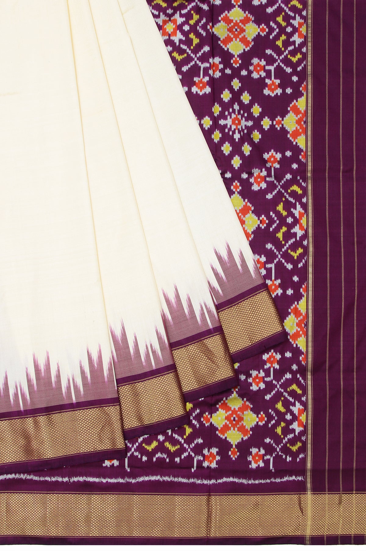 Cream Ikat Silk Saree with Checked Pattern