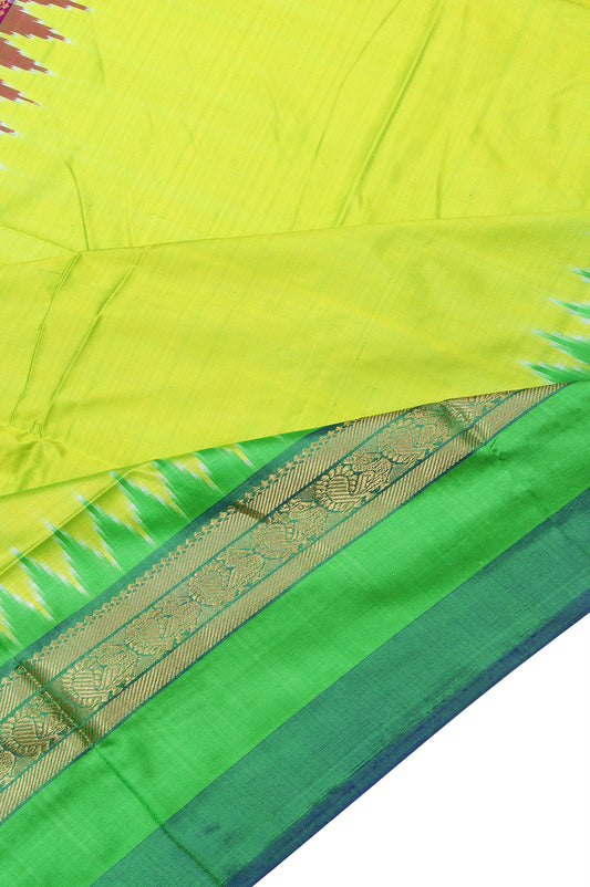 Parrot Green Ikat Silk Saree with Ganga Jamuna Border