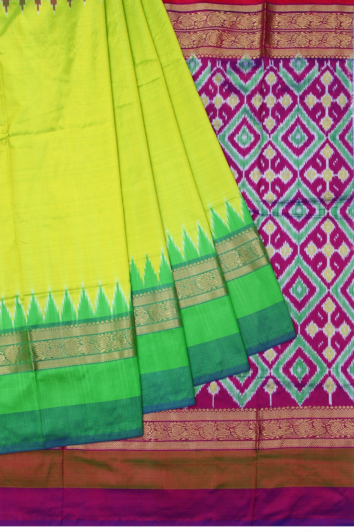 Parrot Green Ikat Silk Saree with Ganga Jamuna Border