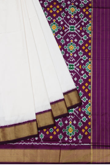 Off White Ikat Silk Saree with Ganga Jamuna Border