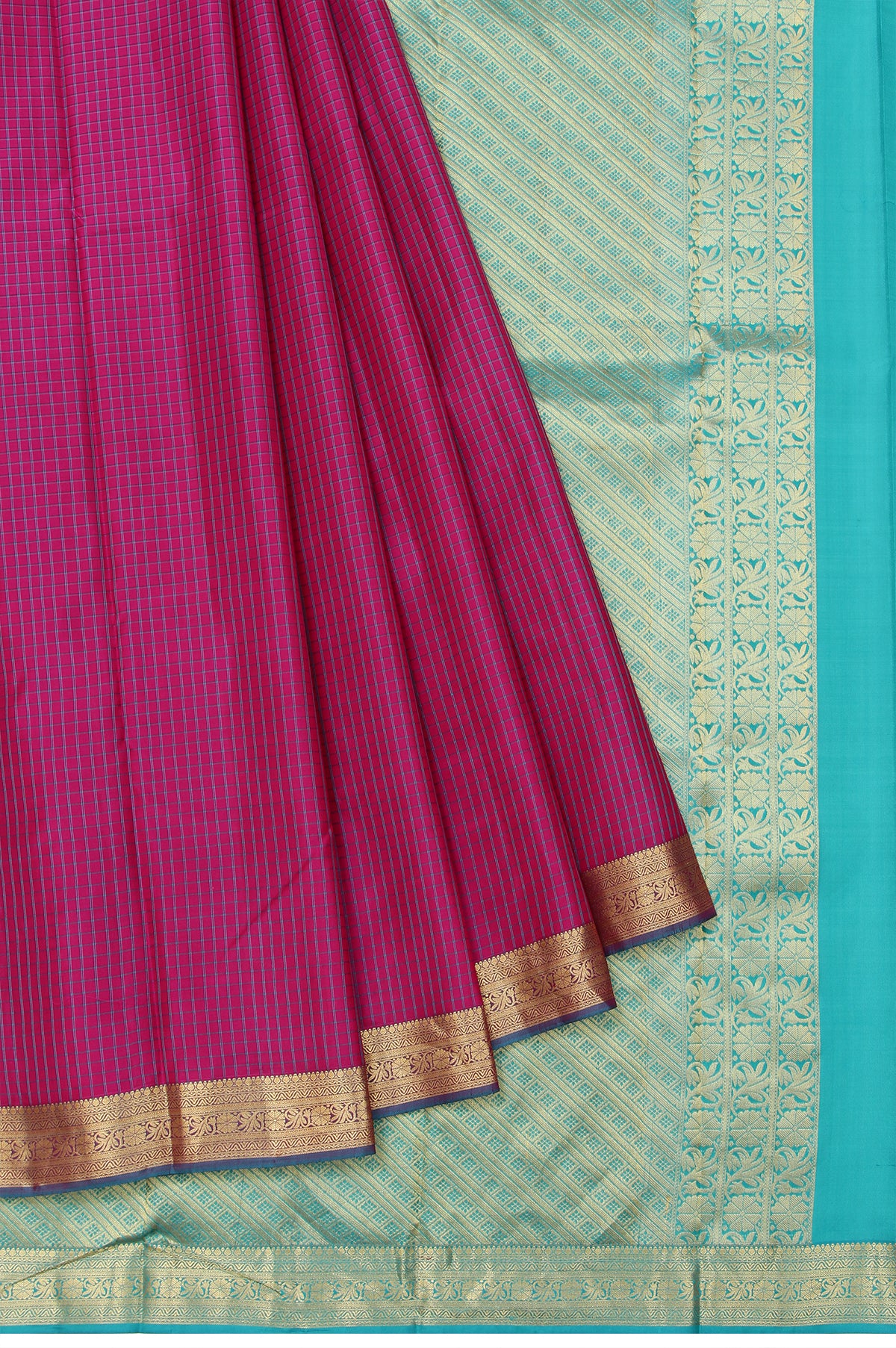 Magenta Soft Silk Saree with Sea Blue Border and Gold Zari Kaddi Border