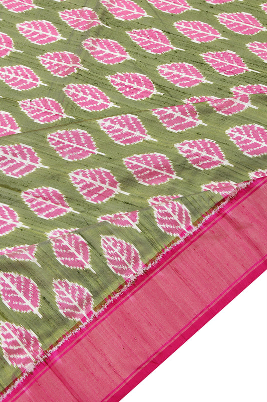 Green Ikat Silk Saree with Pink and Gold Zari Border and Ikat Design