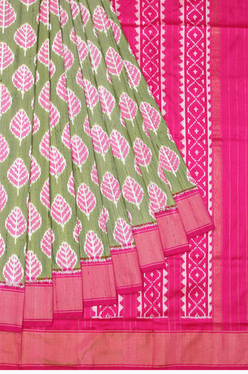 Green Ikat Silk Saree with Pink and Gold Zari Border and Ikat Design