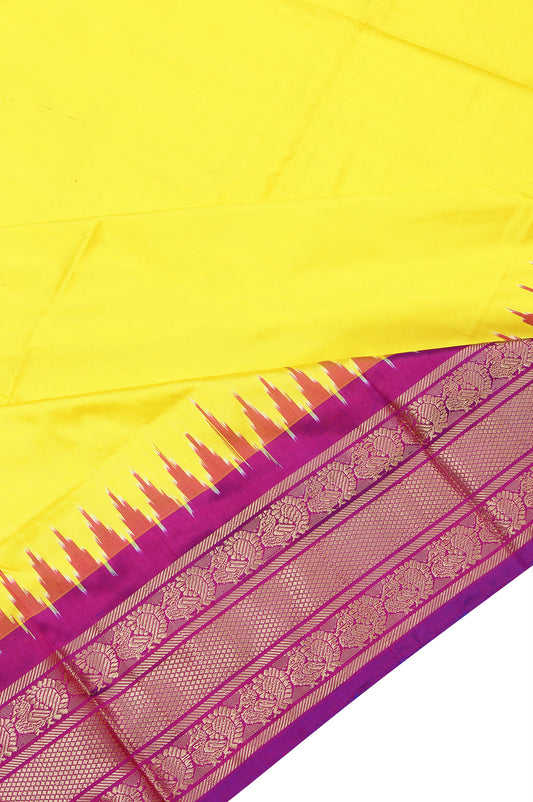 Yellow Ikat Silk Saree with Diamond Checks and Flower Motifs