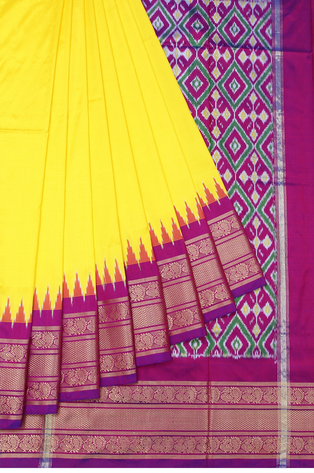 Yellow Ikat Silk Saree with Diamond Checks and Flower Motifs