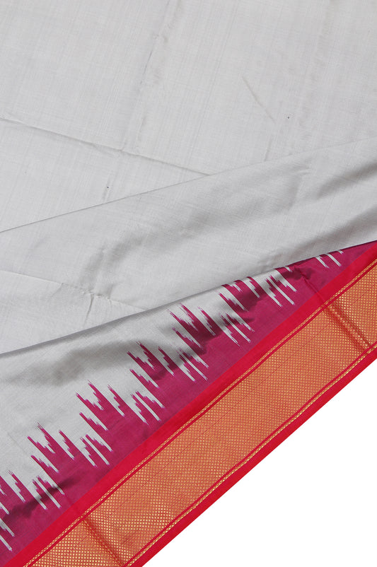 Grey Ikat Silk Saree with Pink Pallu