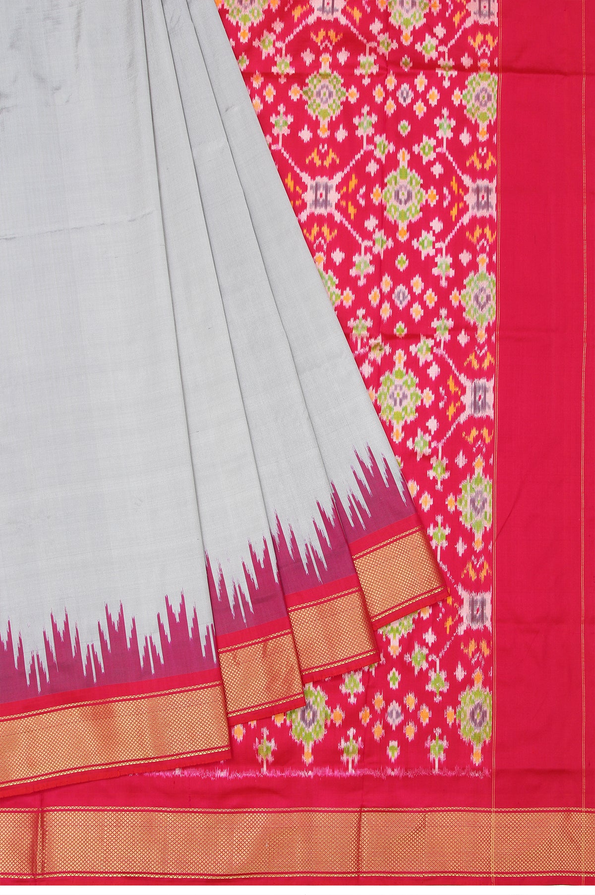 Grey Ikat Silk Saree with Pink Pallu