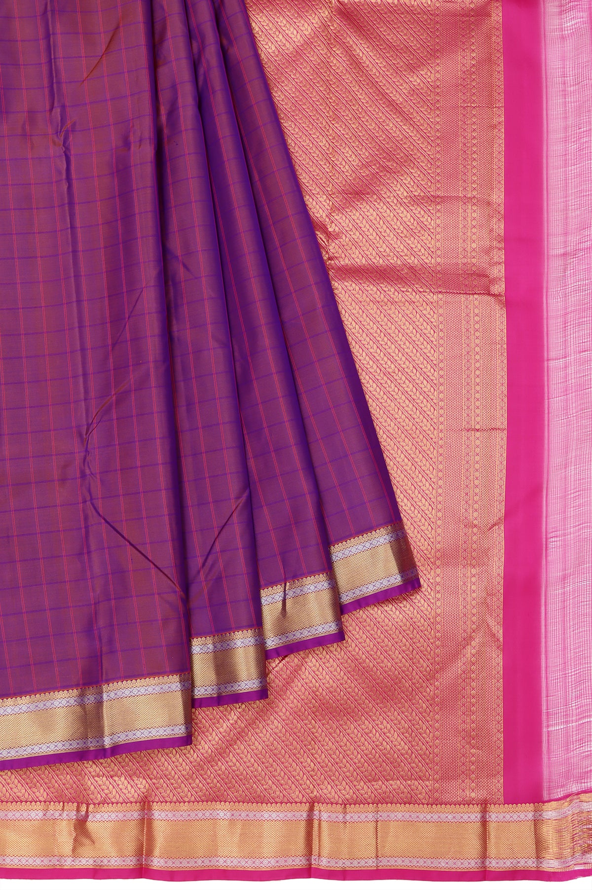 Magenta Soft Silk Saree with Pink Gold Zari Stripes and Violet Checks