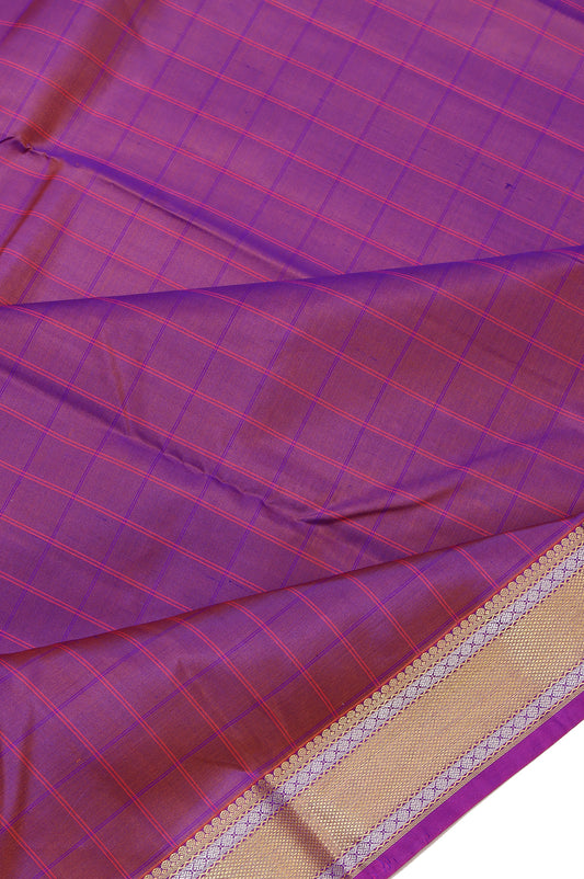 Magenta Soft Silk Saree with Pink Gold Zari Stripes and Violet Checks