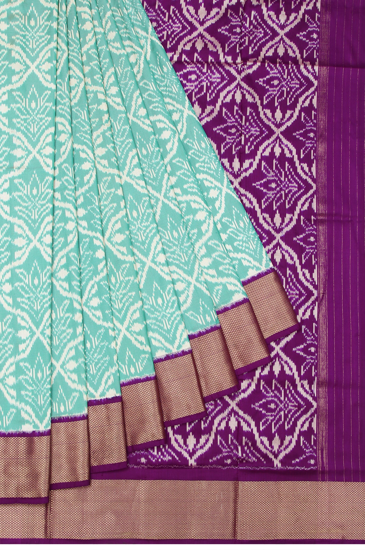 Sea Green Ikat Silk Saree with Floral Jaal and Motifs