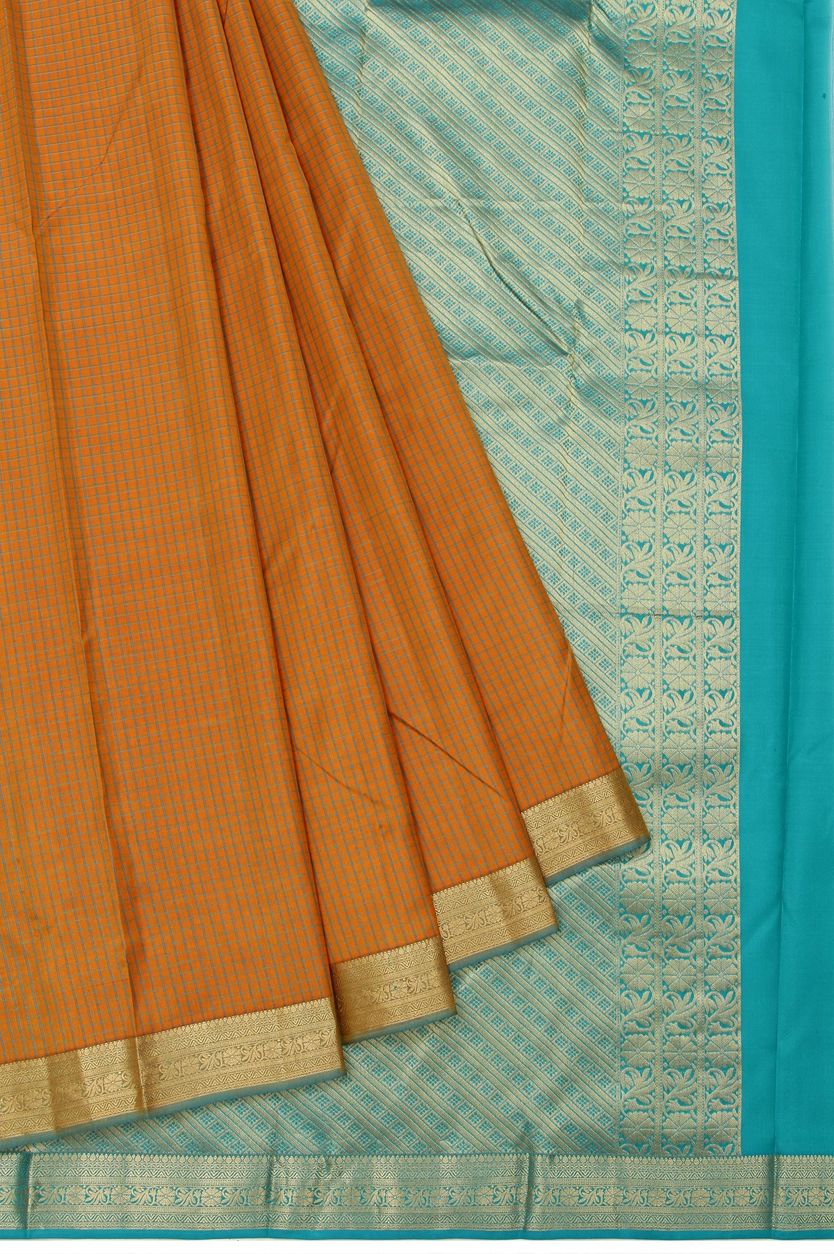 Mustard Soft Silk Saree with Peacock Green Gold Zari Floral Border