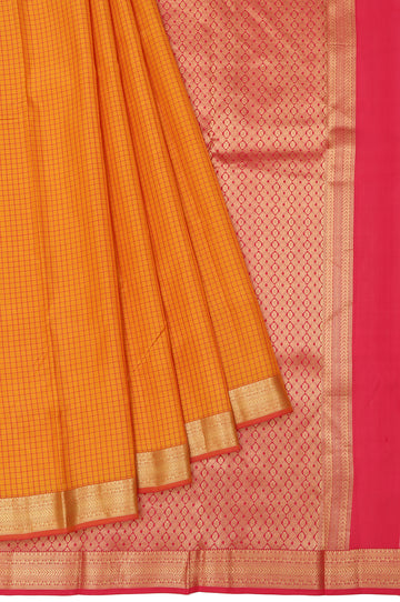 Mustard Soft Silk Saree with Pink Gold Checks