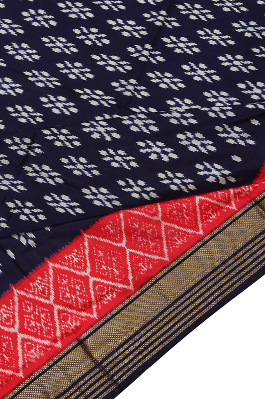 Navy Blue Ikat Silk Saree with Red Border and Flower Butta