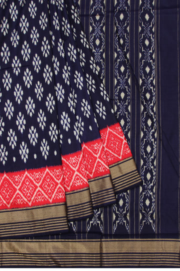 Navy Blue Ikat Silk Saree with Red Border and Flower Butta