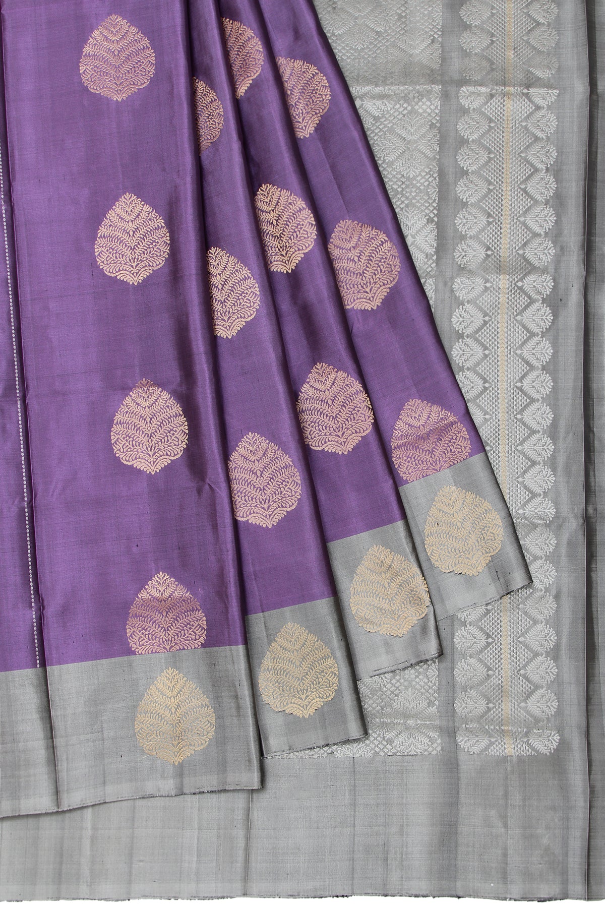 Lavender Soft Silk Saree with Grey Border and Gold Zari Leaf Motifs