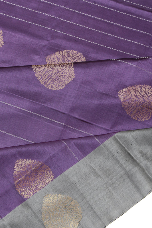 Lavender Soft Silk Saree with Grey Border and Gold Zari Leaf Motifs