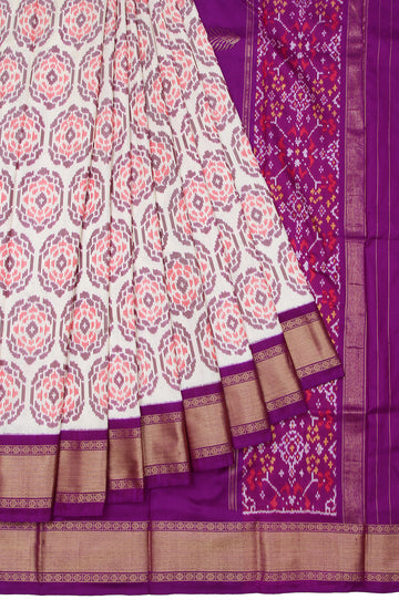 Cream Ikat Silk Saree with Violet and Gold Zari Border