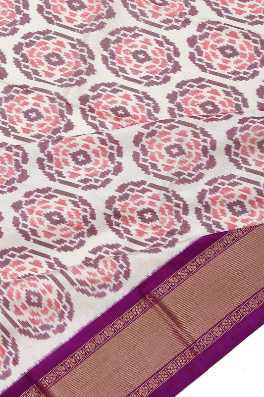 Cream Ikat Silk Saree with Violet and Gold Zari Border