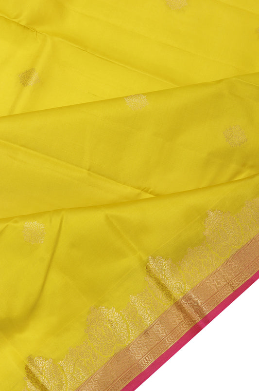 Mustard Soft Silk Saree with Pink Gold Zari Stripes and Rangoli Butta