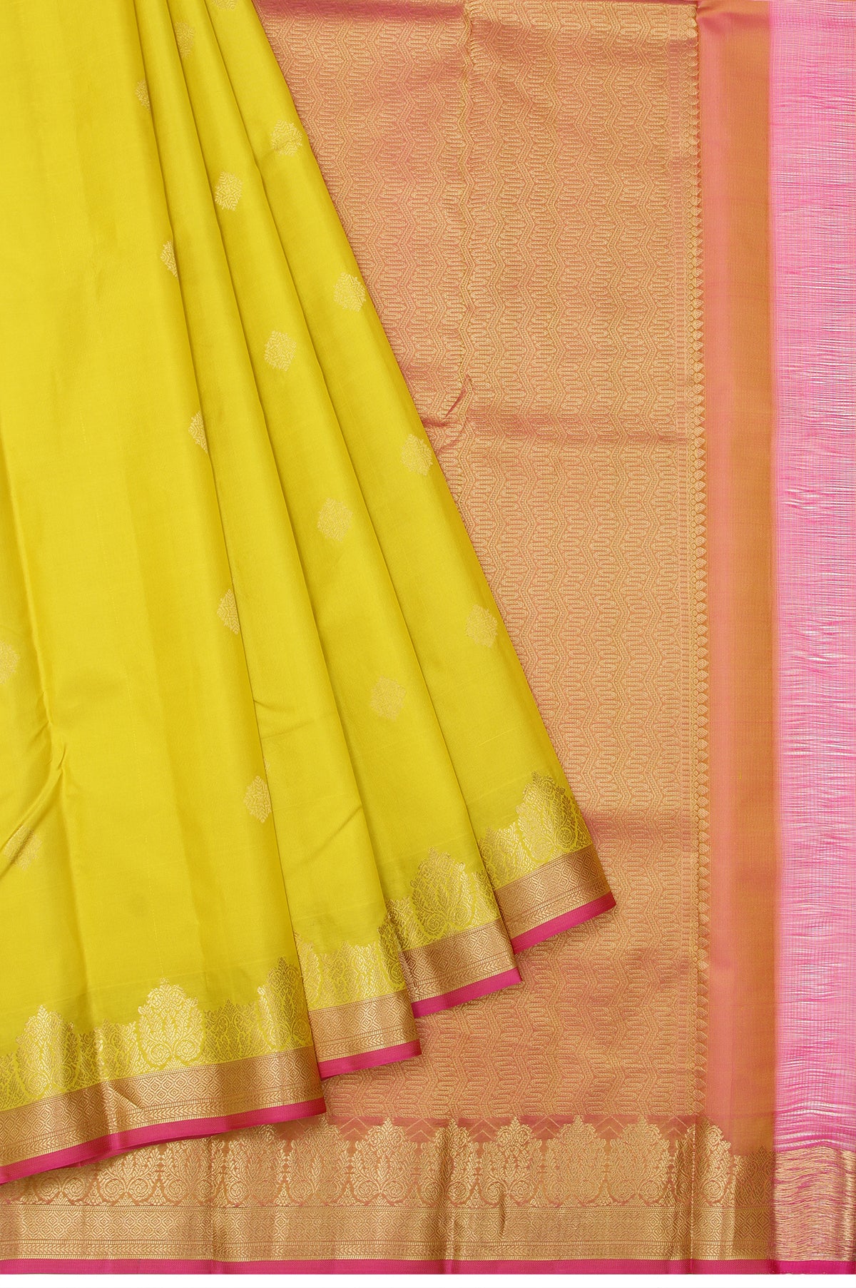 Mustard Soft Silk Saree with Pink Gold Zari Stripes and Rangoli Butta