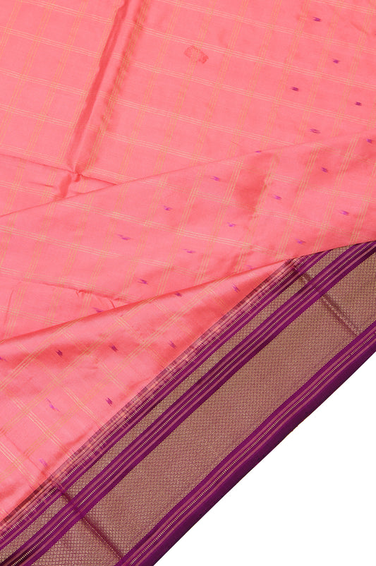 Peach Ikat Silk Saree with Purple and Gold Zari Border