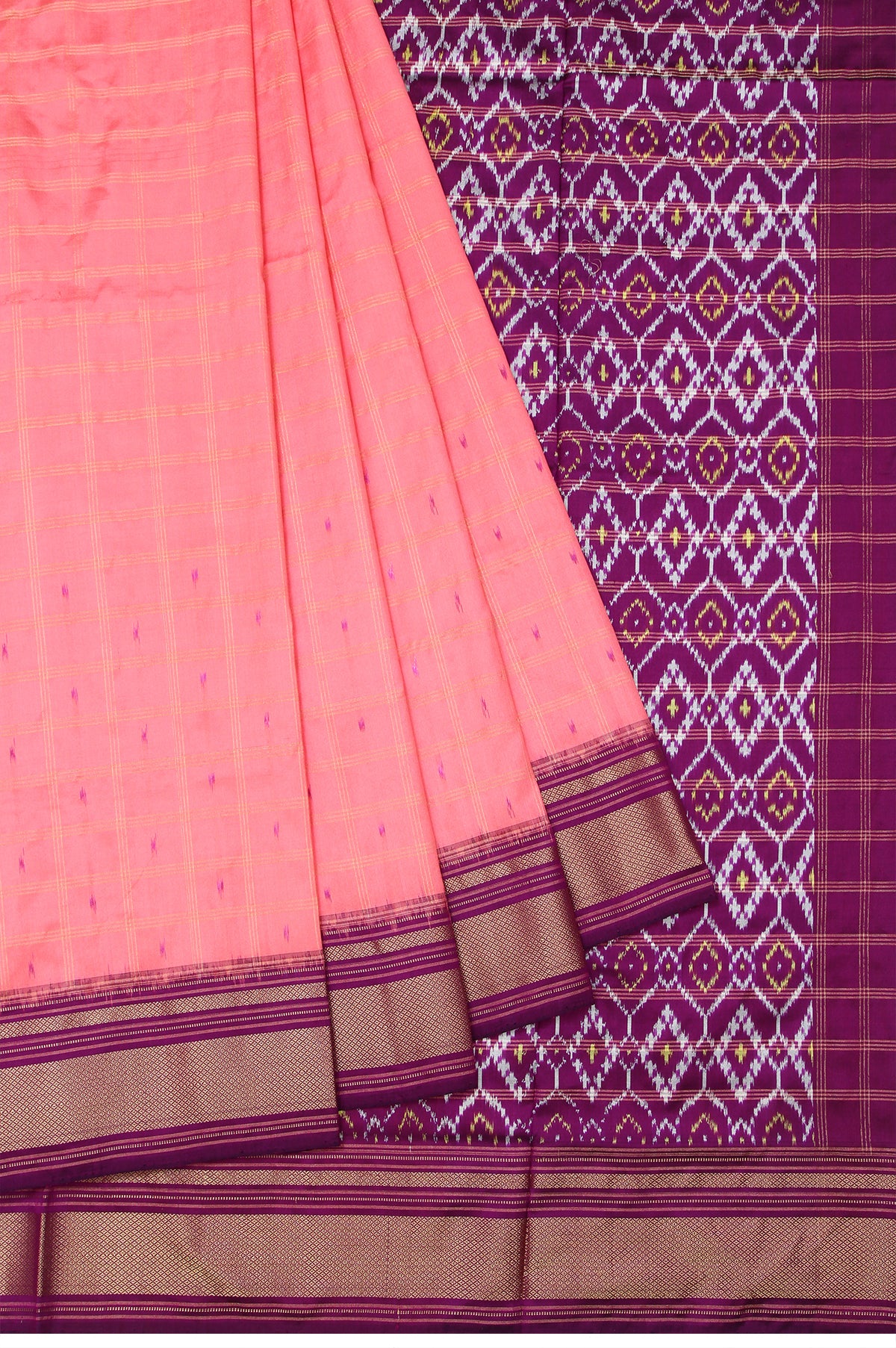 Peach Ikat Silk Saree with Purple and Gold Zari Border