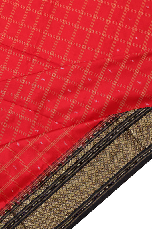 Red Ikat Silk Saree with Black Border and Diamond Butta Stripes