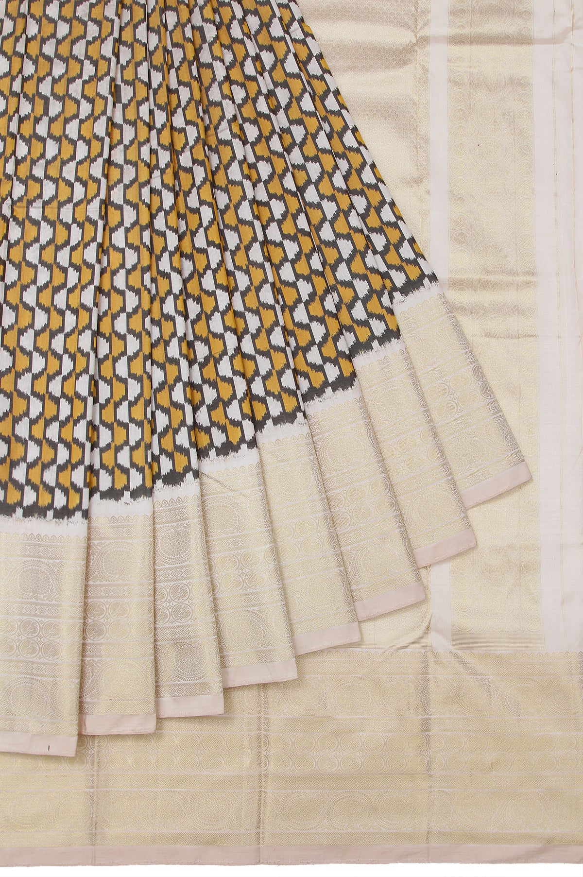 Grey Ikat Silk Saree with Cream Border and Peacock Motifs