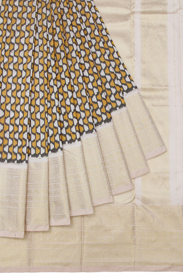 Grey Ikat Silk Saree with Cream Border and Peacock Motifs