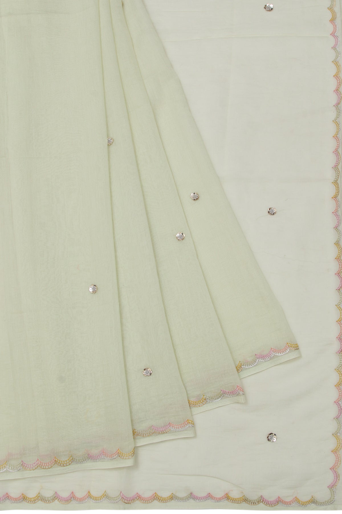 Beige Chanderi Silk Cotton Saree with Scallop Border and Gota Patti Butta